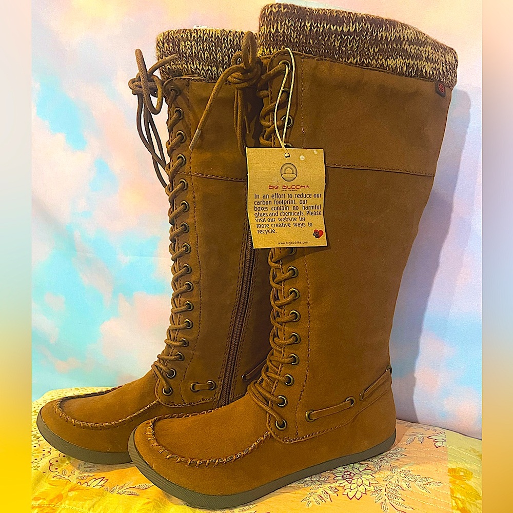 Stylish Women’s Faux Suede Knee-high/Lace-up Cognac Moccasin Boots (Sz 6.5)